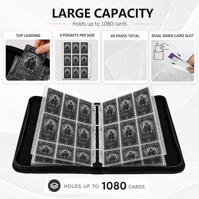 9 Pocket Trading Card Zip Binder - Holds 1080 Cards, 60 Pages Large-Capacity,Double-Sided Removable Sleeves, Suitable for Game Cards/Sports Cards Storage,Black