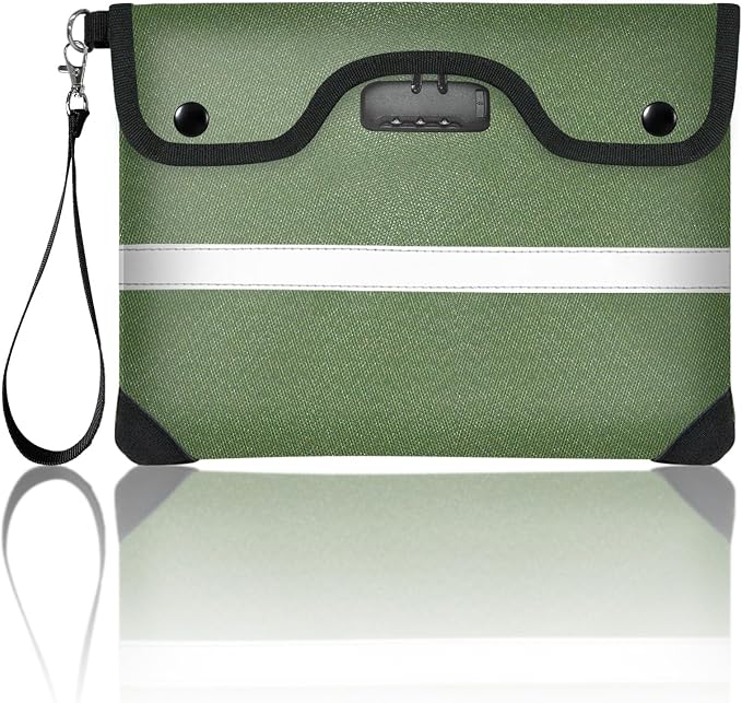 6200°F Fireproof Document Bag with Lock, 11.4 x 8.3 Inch Fire Proof Bag for Documents Storage, Water Resistant Fire Proof Money Bags with Zipper, Fireproof Pouch Cash for Envelope Green