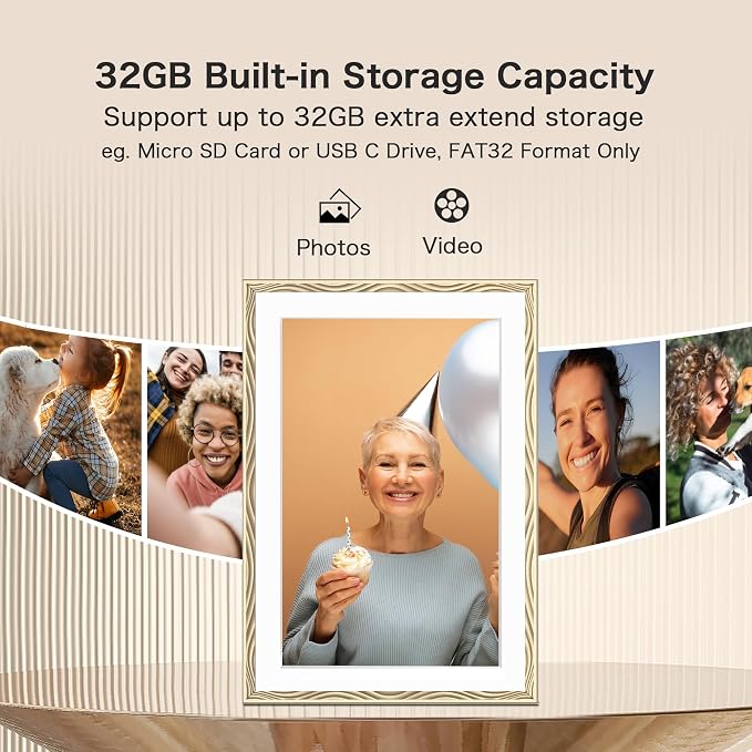 Frameo 10.1'' Digital Picture Frame WiFi, 1280 * 800 HD Touch Screen, 32GB Memory, Wall Mountable Digital Photo Frame, Auto-Rotate, Share Instantly, Wedding, Birthday Gifts for Mom, Gold