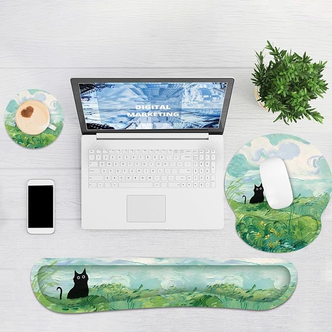 Ergonomic Mouse Pad with Wrist Rest and Keyboard Wrist Rest, Mousepad | Memory Foam Wrist Rest for Computer Keyboard, Pain Relief, Non-Slip Base, Mouse Pad with Wrist Support for Gaming, Pating Cat
