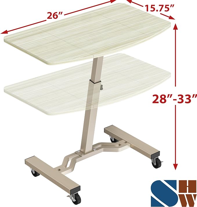 SHW Mobile Height Adjustable Laptop Rolling Cart w/Lockable Wheels, Maple | Height Adjustable from 28" to 33"