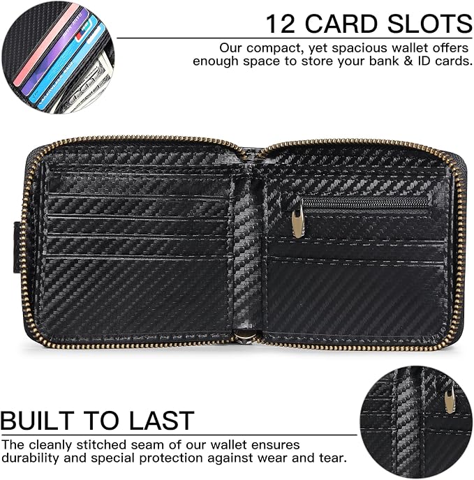 GOIACII Zipper Wallet for Men Genuine Leather RFID Blocking Mens Wallet with Zipper Coin Pocket ID Window Zipper Wallets Large Capacity