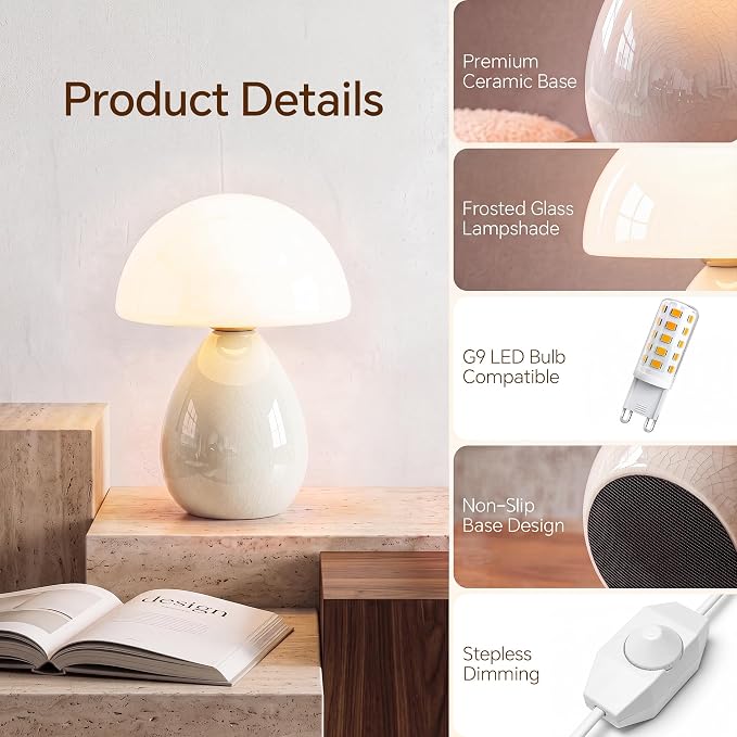 Mushroom Lamp Table Lamp for Bedroom-Small Desk Table Lamps,Cream | Ice Crackle 8.7" Mid Century Modern Table Lamps for Living Room Bedroom Decor,Ceramic Lamps for Home Room Decor,Glass Shade