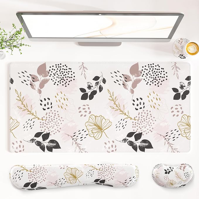 QIYI PU Leather Desk Mat Set, 4-in-1 Ergonomic Wrist Rest, Botanical Leaf | Waterproof Large Mouse Pad 31.5×15.7 + Keyboard Wrist Rest + Mouse Wrist Support+Coaster, Non-Slip Office Gaming Accessories