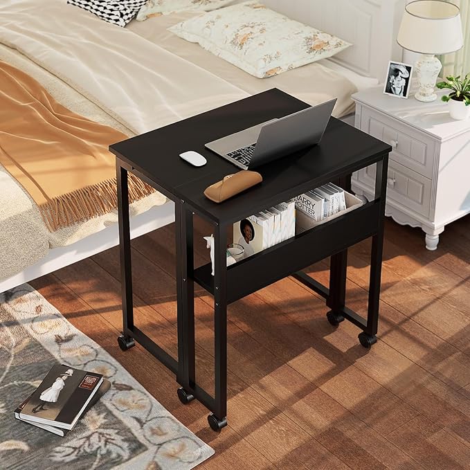 GreenForest Folding Desk with Wheels, 24.8" Rolling Table for Small Spaces | Storage Shelf, Lockable Casters, Compact Portable Workstation, Space-Saving Foldable Sofa Table, Home Office, Mobile, Black