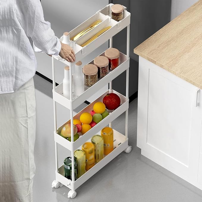 2-piece Set Slim Storage Cart 3 Tier,Bathroom Organizer Rolling Utility,Mobile Shelving Unit Slide Out for Office, Kitchen, Laundry Room & Narrow Places