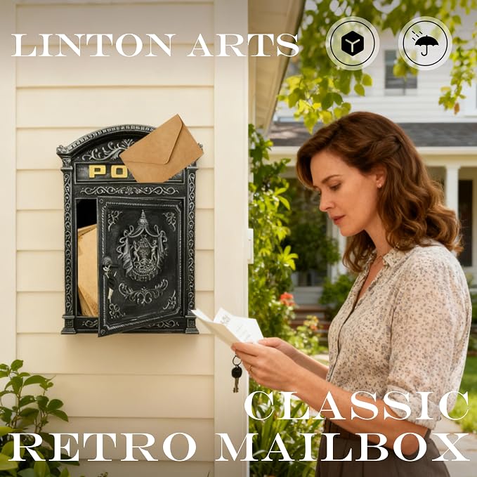 Vintage Lockable Wall Mount Mailbox, Heavy Duty Cast Aluminum Mail Box, Weatherproof Decorative Post Box for Outside, Antique Silver Finish, Large Capacity