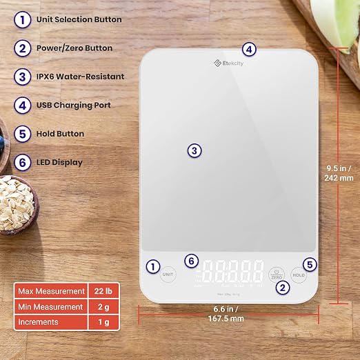Etekcity 22lb Food Kitchen Scale, USB Rechargeable, IPX6 Waterproof | Digital scale with grams & ounces, 1g precision, 5 weight units, tare, ideal for baking and meal prep, White