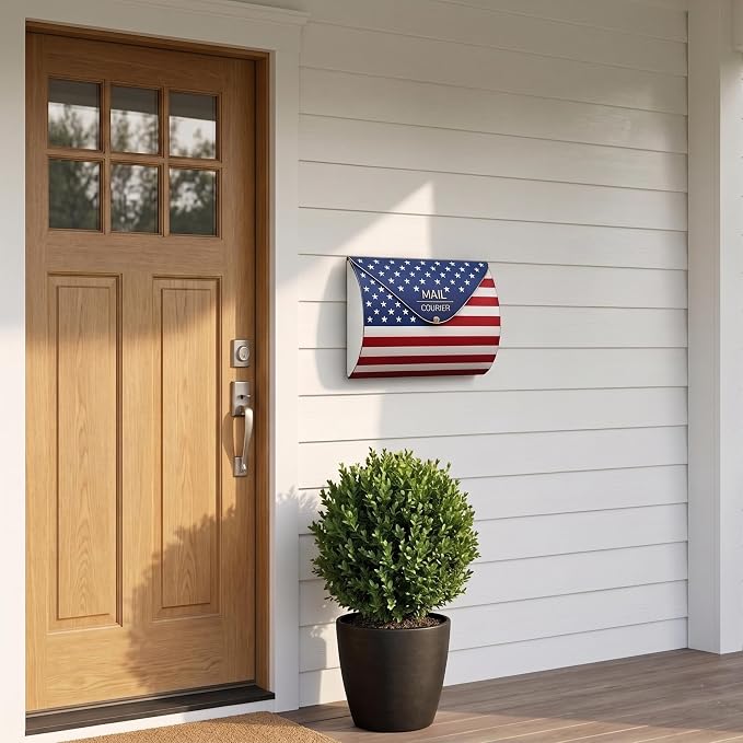 American Flag Wall Mount Mailbox for Outside, Waterproof Metal Mailbox with Rust-Proof Galvanized Steel, Large Capacity Mailbox for House, Independence Day Patriotic Decor