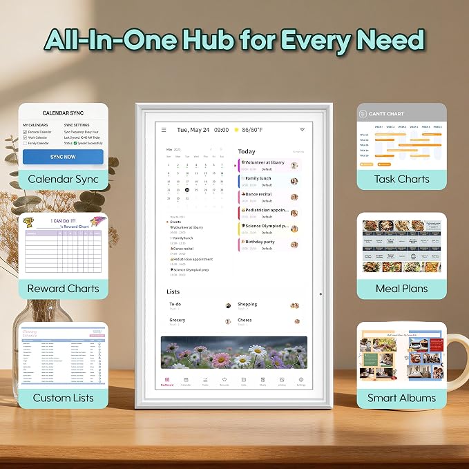 15.6" Smart Digital Calendar, No Subscription WiFi Touch 1080P Photo Frame | No subscription fees, cross-platform WiFi sync iCloud, Google & Outlook, all-in-one FHD touch family organizer photo frame