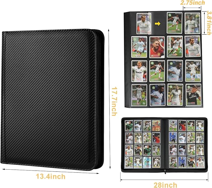 16 Pocket Ringless Side Loading Trading Card Binder, 1024 Cards PU Fixed Page Zipper Card Album for TCG Sports Game Cards, Not Fit Top Loaders (Carbon Black)