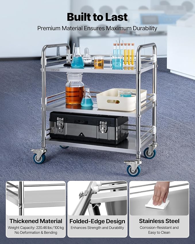 VEVOR Stainless Steel Rolling Cart, 3-Tier Metal Utility Cart with Lockable Wheels, Medical Serving Trolley Clinic Tray, Mobile Service Cart for Hospital, Lab, Restaurant, Kitchen, Salon