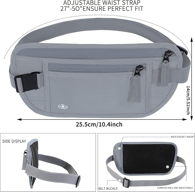 Money Belt for Travel, RFID Blocking, Hidden Money Belt, Passport Holder for Travel (Grey)