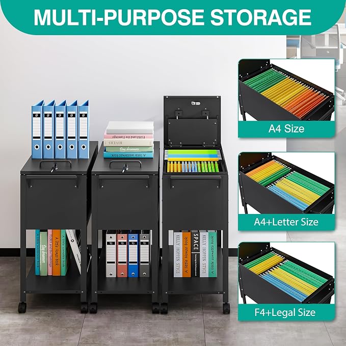 Rolling File Cart with Wheels Hanging Files,Rolling File Cabinet Organizer,Rolling Hanging File Folder Cart on Wheels,Metal Filing Cart,Fit A4/F4/Letter/Legal File for Home Office (Black)
