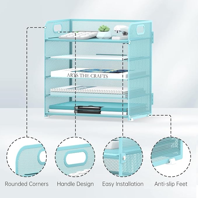 5 Trays Paper Organizer Letter Tray with Handle-Mesh Desk File Organizer, Paper Sorter Desk Organizer for Office, Home or School (Light Blue)