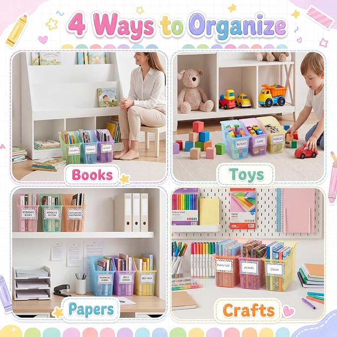 Blosssound 24 Set Book Bins for Classroom Stackable,Translucent Pastel | Plastic Baskets with Labels, Slanted Front, Library Supplies Organizers, Desktop Storage Bins, Teachers Home School Use