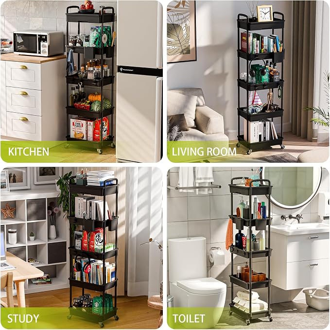 Sorgion 5 Tier Rolling Cart Organizer,Bathroom Cart Organizers with Wheels Laundry Room Organization Mobile Shelving Unit Utility Cart Storage Shelves Multi-Functional for Office, Home(Black)