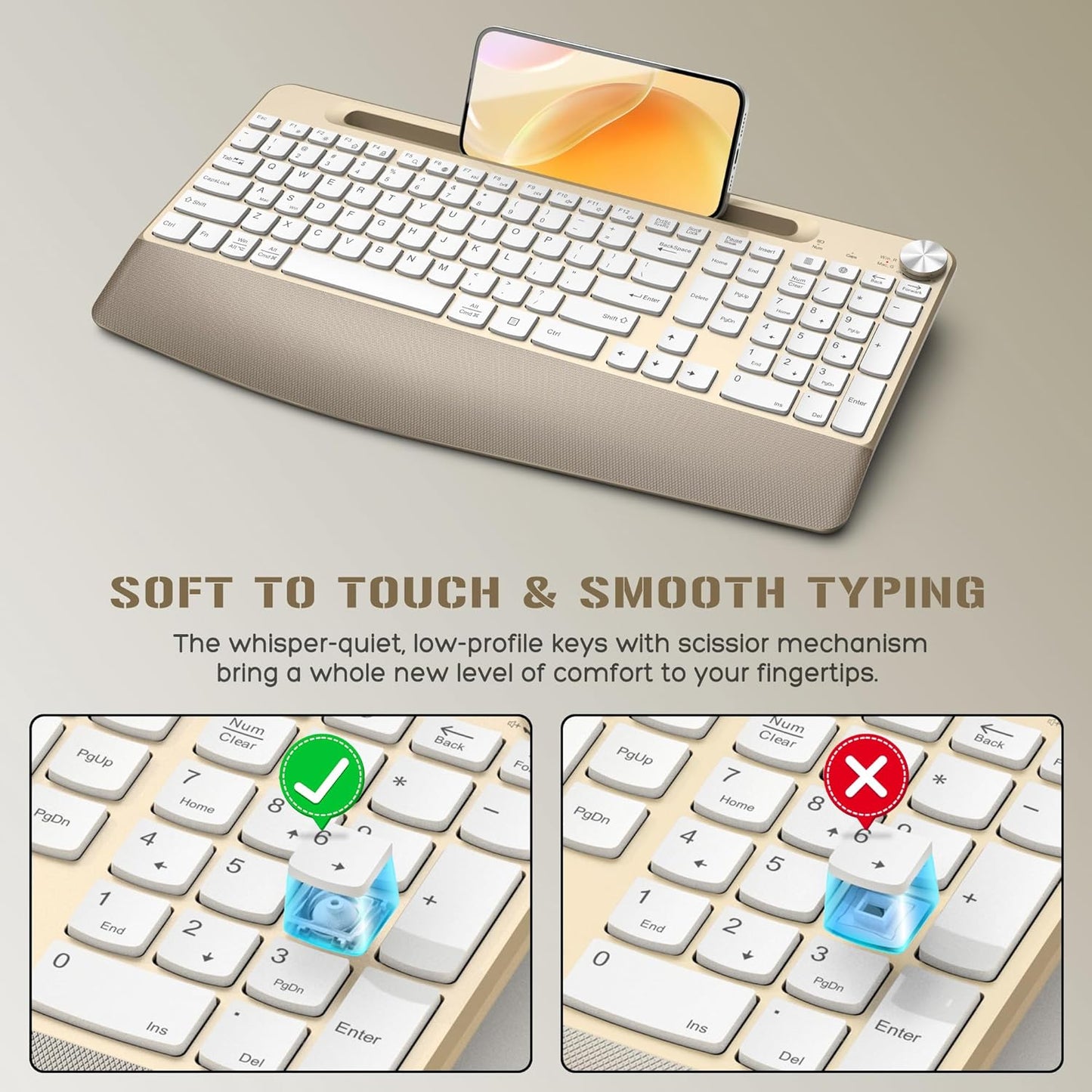 Ergonomic Wireless Keyboard and Mouse with Wrist Rest，Phone Holder - 2.4GHz Full-Sized Low-Profile Quiet Gold Wireless Mouse and Keyboard Combo for Computer, Laptop, PC, Mac-Gold