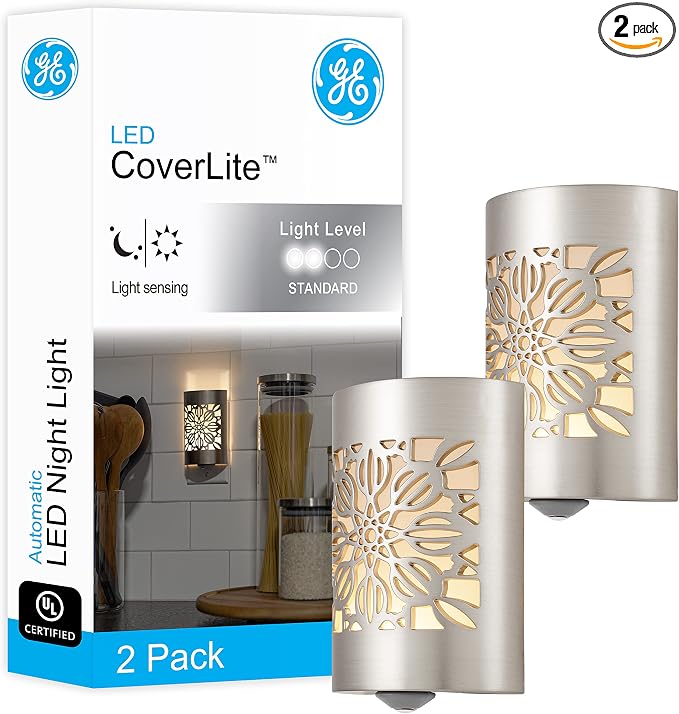 GE CoverLite LED Night Lights Plug into Wall 2-Pack, Plug in Night Light, Dusk to Dawn, Warm White, Auto-On/Off, for Adults Kids Room Bedroom Bathroom Hallway Kitchen 87942 Brushed Nickel | Floral
