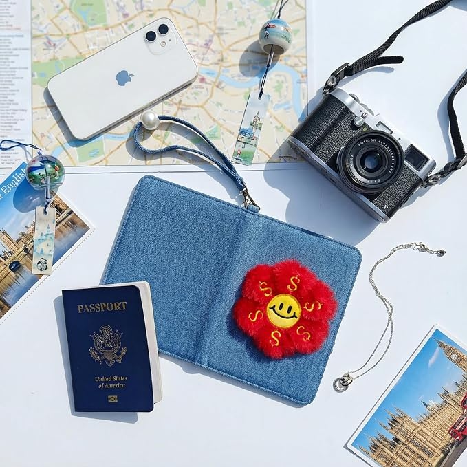 Passport Cover, with Doller Flower Design, Red Floral Plush Doll Cover Passport Wallet, Decorative Wrist Srap, Artificial Pearl Wristlet Band, Smiley Face, Denim Passport Holder