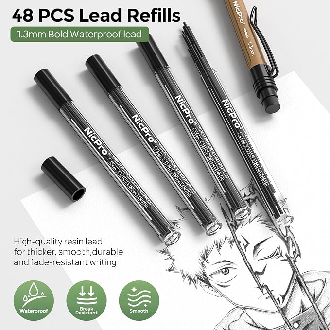 Nicpro 1.3 mm Mechanical Pencils Set 3 Colors, HD1000 1.3 Lead Pencil, 3Pcs | 51 Refill, 3 Eraser -Weatherproof Barrel Pencil, Heavy Duty Carpenter Pencil for Outdoor Marking Drafting Drawing Woodworking