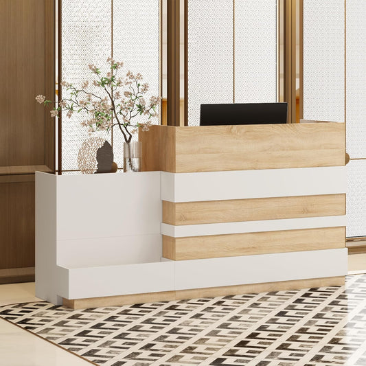 ECACAD Oak & White Reception Desk with Keyboard Tray, Retail Counter with Cabinet, Checkout Counter Table for Office Clinic Retail Lobby Salon