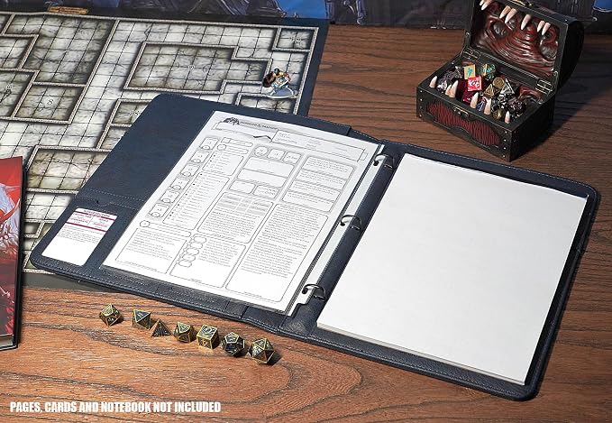 Forged Dice Co. Game-Folio PU Leather Portfolio Binder - Gaming Binder for DND Character Sheets with DND Spell Cards Organizer and Clear Front Pocket - Compatible with Dungeons and Dragons RPG - Blue