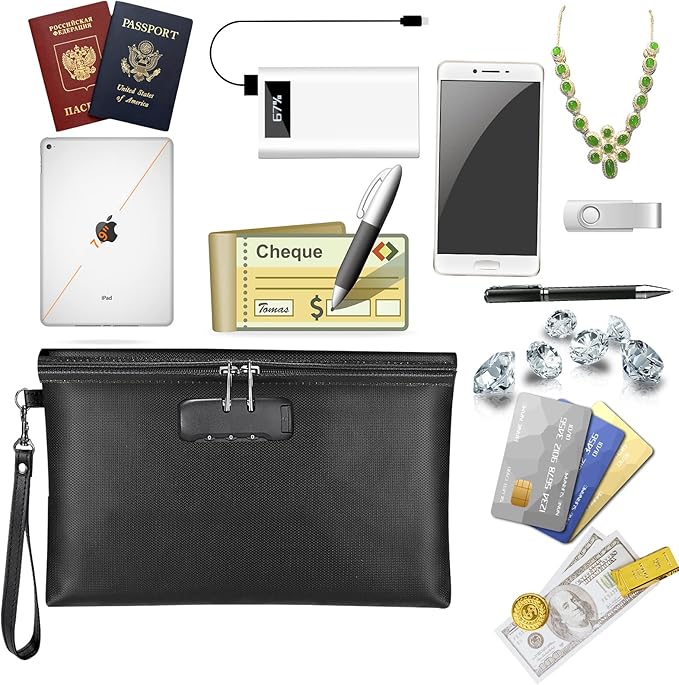 Fireproof Money Bag with Lock, 11.2"x7.6" Fireproof Cash Bag with Zipper Closure, Storage Pouch for A5 Size Document, Cheque, Cash, Cell Phone, Tablet, Credit Card, Passport, Jewelry (Black)