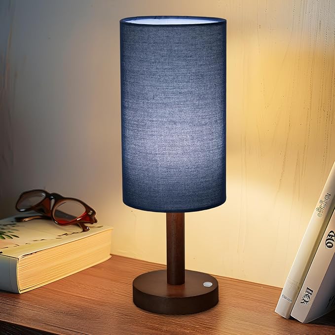LALISU Small Table Lamp Nightstand Lamp Linen Lampshade Bedroom Wood Base Small Bedside Lamp for Night Stands, Desk Lamps for Reading Living Room, Office (LED Bulb Included) (Blue)
