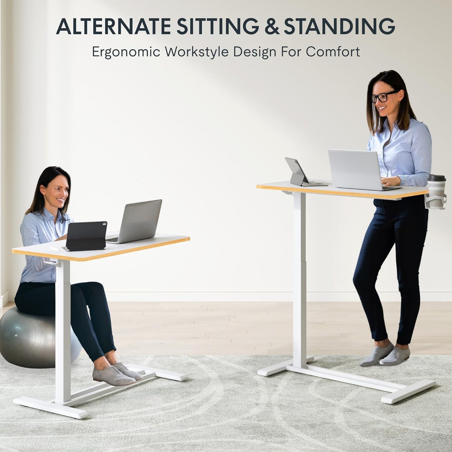 FLEXISPOT Mobile Standing Desk with Wheels Pneumatic Laptop Rolling Computer Cart Movable Height Adjustable Small Sit Stand Desk Computer Workstations Home Use（31.5" W x 17.7" D,White+Maple