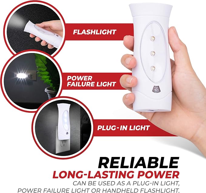 Amerelle LED Emergency Lights for Home Power Failure, 6 Pack - Triple Function Power Failure Light and Plug in Flashlight Combo, with Rechargeable Battery - Be Snow Storm & Hurricane Ready (71134)