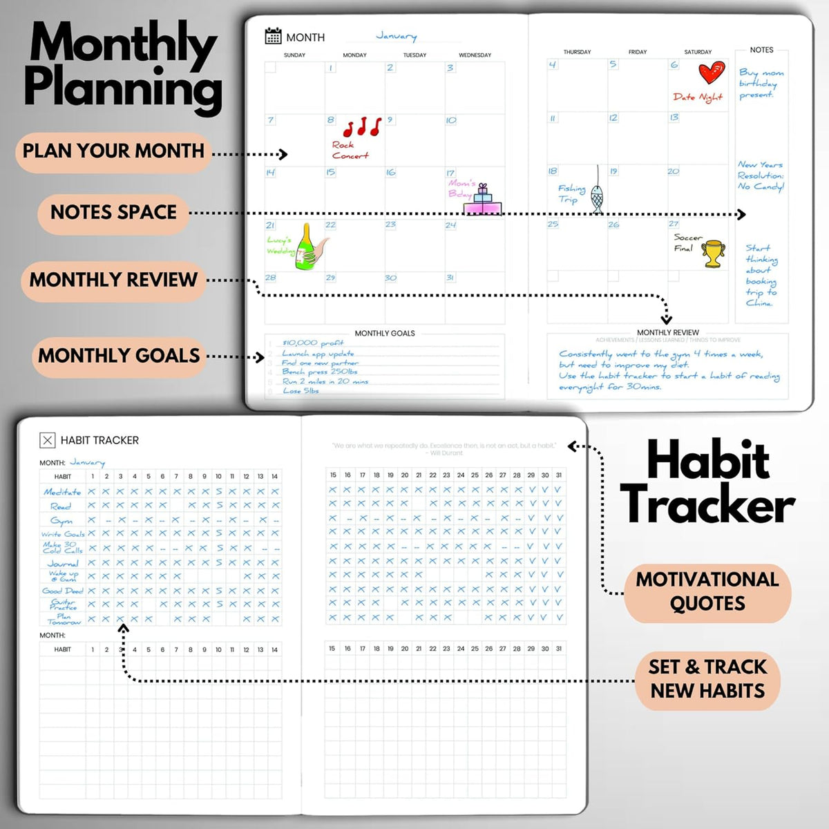 Undated Daily Planner – 6-Month A5 Productivity Organizer with Full Page Per Day, Hourly Schedule, Goal Setting, Habit Tracker, Weekly & Monthly Pages – Hardcover Time Management Notebook (Rose Gold)