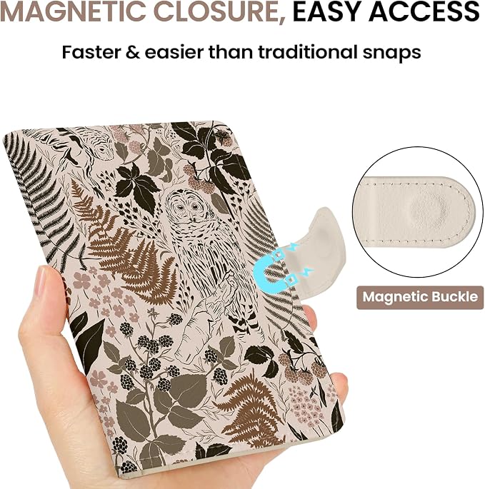 Passport Holder for Travel Essentials, RFID Blocking Leather Cover Wallet with Magnetic Closure, Aesthetic & Cute Passport Book Case for Women and Men - Owl
