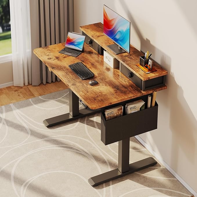 Electric Standing Desk Adjustable Height - 40 Inch Sit Stand Desk with Storage Drawers , Small Standing Desks with Shelf Monitor Stand, Kids Girls Computer Desks for Bedroom Home Office, Rustic Brown