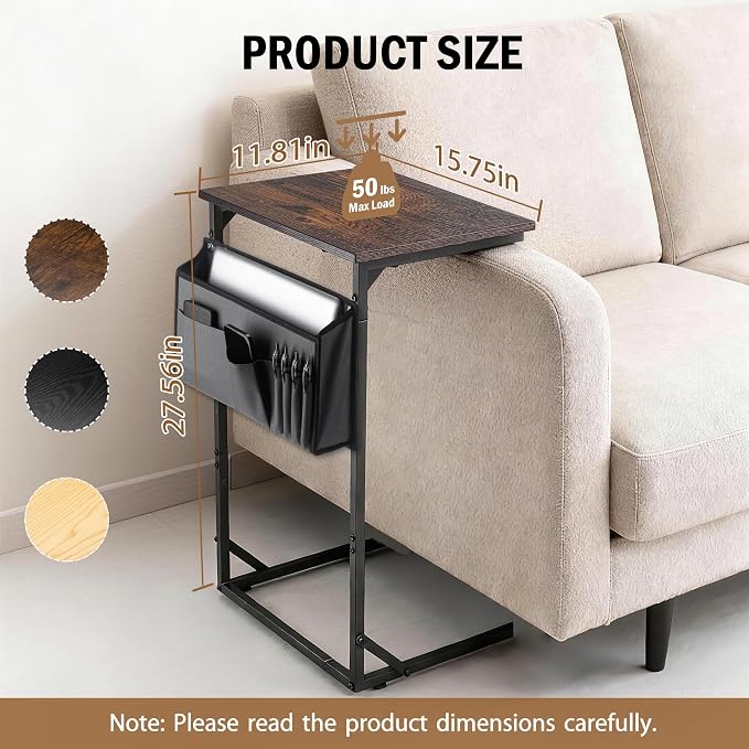 C Shaped End Table for Couch, Small Side Table for Living Room & Bedroom, Slide Under Sofa Table for Laptop, Coffee, Snacks, Easy Assembly, Modern Design