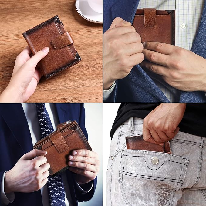 Wallet for Men Genuine Leather RFID Blocking Mens Wallet with Zipper Coin Pocket ID Window