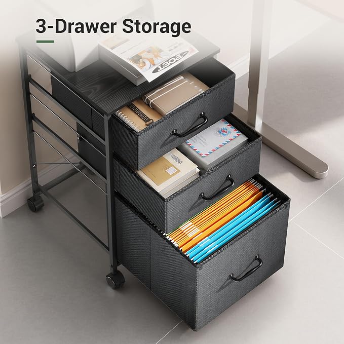DEVAISE Mobile File Cabinet, Rolling Printer Stand with 3 Drawers, Fabric Vertical Filing Cabinet fits A4 or Letter Size for Home Office, Black
