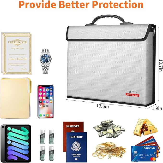 Hontom 6400℉ Fireproof Document Bag with 2 Pockets | Upgraded Material Fireproof Money Bag with Lid, Travel Home Fire Safe Storage Cash Pouch for Important Documents, Silver
