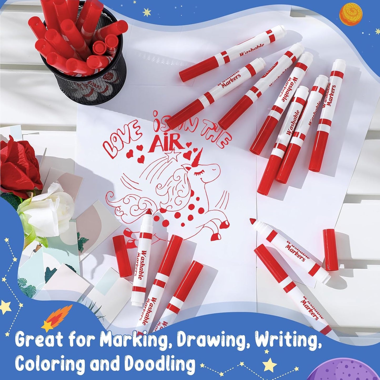 Janlaugh 60 Pcs Red Washable Markers Bulk Coloring Broad Line Markers for Kids Conical Tip Red Drawing Pens for Classroom Back to School Travel Art Baby Shower Gender Reveal Supplies, Ages 6+