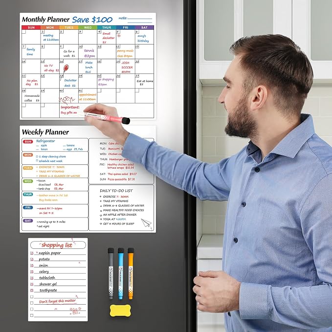 Dry Erase Magnetic Calendar for Refrigerator, 3 Pack- Monthly & Weekly & Daily Planner Magnet Whiteboard for Fridge Wall Door - Shopping, Meal/Menu, to Do List, Family Schedule Planning Board (D)