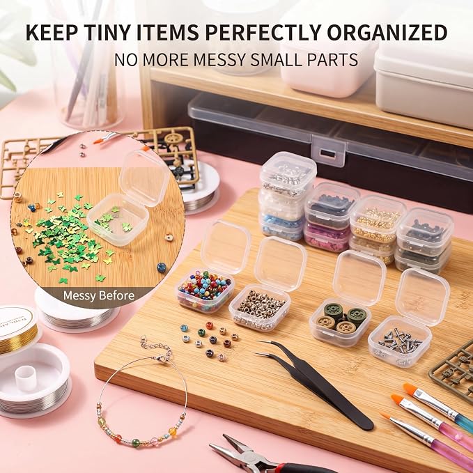 Jetec 120 Pieces Mini Plastic Clear Beads Storage Containers Box for Collecting Small Items, Beads, Jewelry, Business Cards, Game Pieces, Crafts (1.4 x 1.4 x 0.7 Inch)