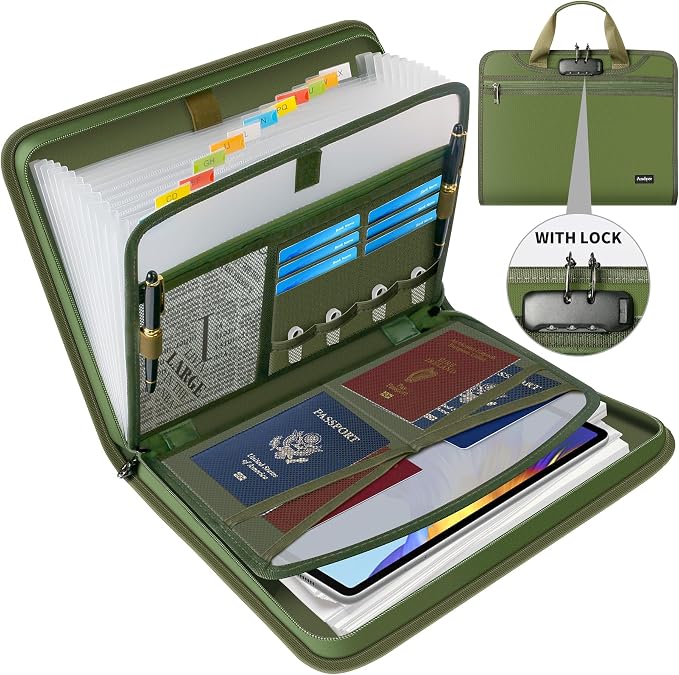Important Document Organizer with Lock, Fireproof Accordion File Organizer | 13 Pockets Expanding File Folder with Handle & Labels, Portable Travel Business Binder Papers Organizer for Letter A4 Files