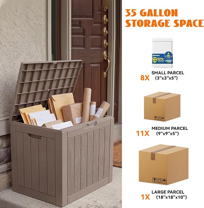 35 Gallon Package Delivery Boxes for Outside, Resin outdoor storage bin with a wood-grain pattern, Storage Cabinet for Parcel Shipping & Storage