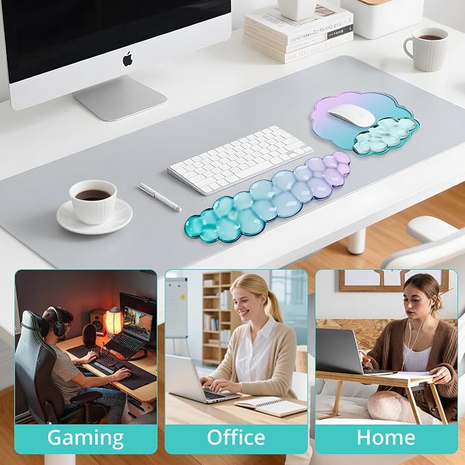 Cloud Wrist Rest Gel Set — Ergonomic Cloud Wrist Rest Keyboard and Mouse, Non-Slip Desk Accessories for Office and Home（Gradient Purple Cyan）