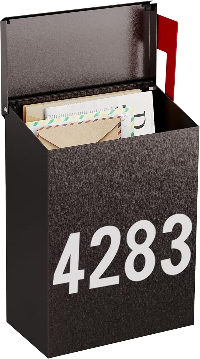 LAND·VOI Wall-Mount Mailbox with One Flag Kit and Three Sets of 0-9 Mailbox Number Stickers, Mailboxes for Outside, Galvanized Steel Rust-Proof Metal Post Box, 7.1"x3.9"x10.24", Textured Bronze AMB05R