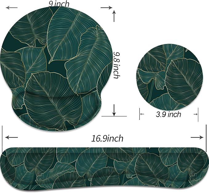 Ergonomic Mouse Pad with Wrist Rest and Keyboard Wrist Rest, Mousepad | Memory Foam Wrist Rest for Computer Keyboard, Pain Relief, Non-Slip Base, Mouse Pad Wrist Support for Gaming, Green Palm Leaf