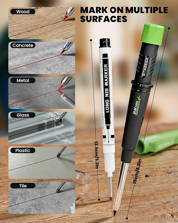 STAGEEK 2.8mm Mechanical Carpenter Pencils with Sharpener, Storage Case | 19 Refills, Construction Pencil Heavy Duty Woodworking Tools, Waterproof Deep Hole Long Nib Marker Pens for Architect Marking