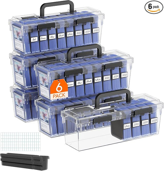 Lifewit Trading Card Storage Box fit for Toploader, Stackable Reinforced Latch Case with 8 Adjustable Dividers, Writable Labels, Organizer for MTG TCG Sports Baseball Bulk Cards, 6 PCS