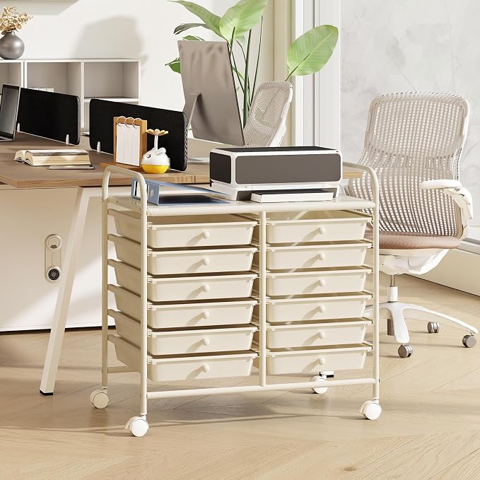 COSTWAY 12-Drawer Rolling Storage Cart, Utility Storage Organizer Cart | For Tools, Scrapbook, Paper, Craft, Multipurpose Art Supply Organizer on Wheels for Home Office School, Teacher, Ivory White
