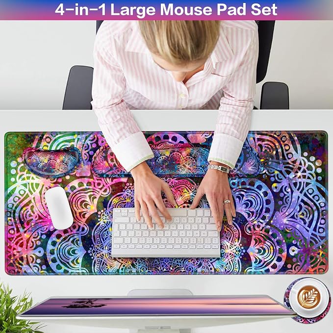 Mouse Pad with Wrist Rest, 4-in-1 Large Mousepad Keyboard | Wrist Rest+Mouse Pad Wrist Support+Cup Pad Set,Ergonomic Anti-Slip,Memory Foam Desk Mat for Home Office Gaming(35.4×15.7in)